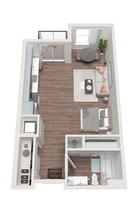 Floor plan for studio, 1 bath, 614 sqft